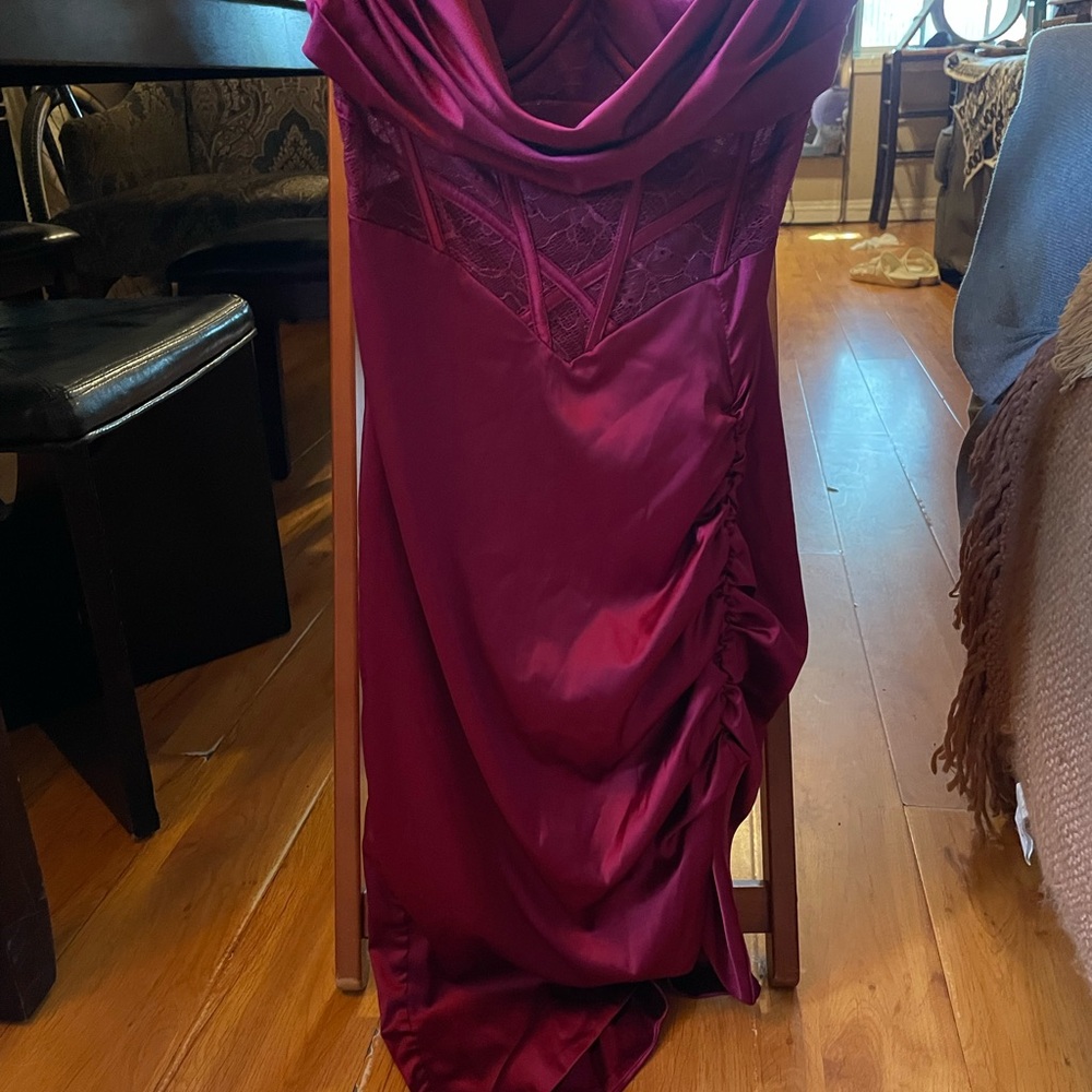 Oh Polly A Minute Past Midnight Midi Corset Dress in Maroon Burgundy Red Ruched - Picture 3 of 6